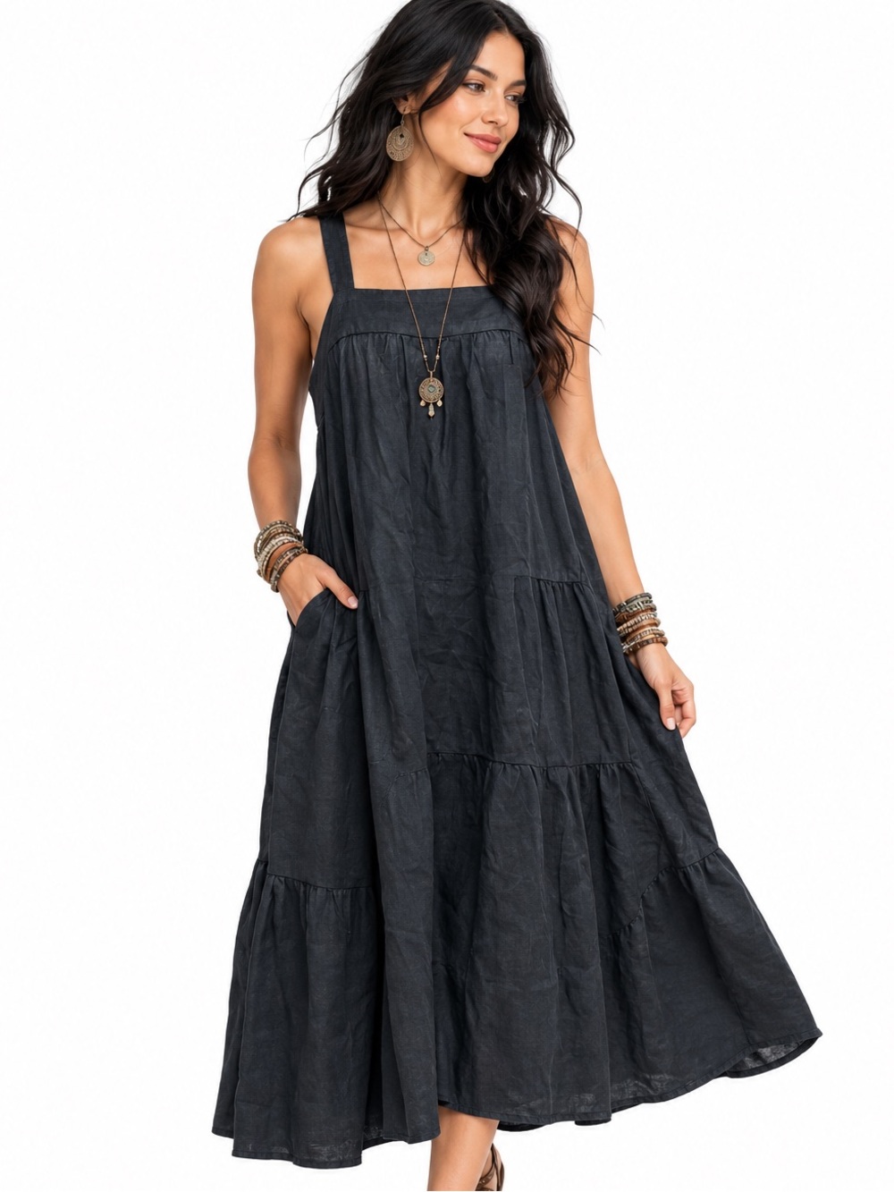 Quince Black 100 Linen Tiered Midi Dress Boho Classic Coastal